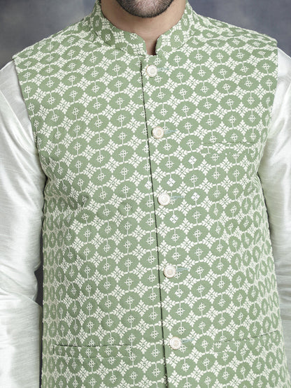 Jompers Men's embroidered and sequins Nehru Jacket - Mehndi