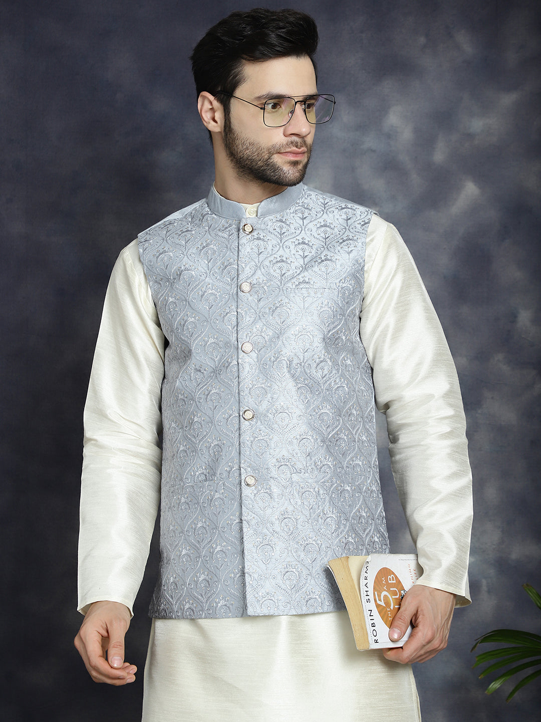 Jompers Men's Sequins and Embroidred Nehru Jacket - Grey