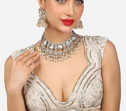 Jewel City Traditional Handcrafted Kundan Pearl Choker Necklace Set with Jhumka Earrings and Maang Tikka – Bridal Jewelry Set