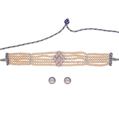 J Pearls Jaahnavi 5 Lines Round Pearl Choker - Real Pearl Jewelry
