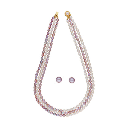 J Pearls Abhi 3 Lines Pearl Necklace Set - Real Pearl Jewelry