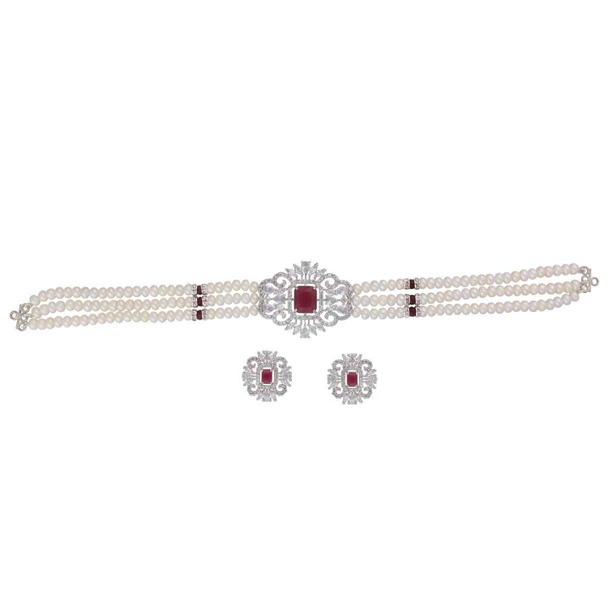J Pearls Jabala 3 Lines Button Choker Set - Real Pearl Jewelry