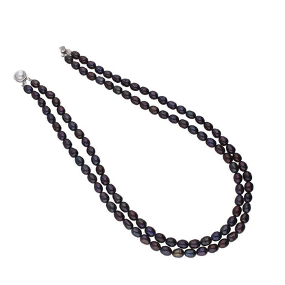 J Pearls 2 Line Black Oval Pearl Set - Real Pearl Jewelry