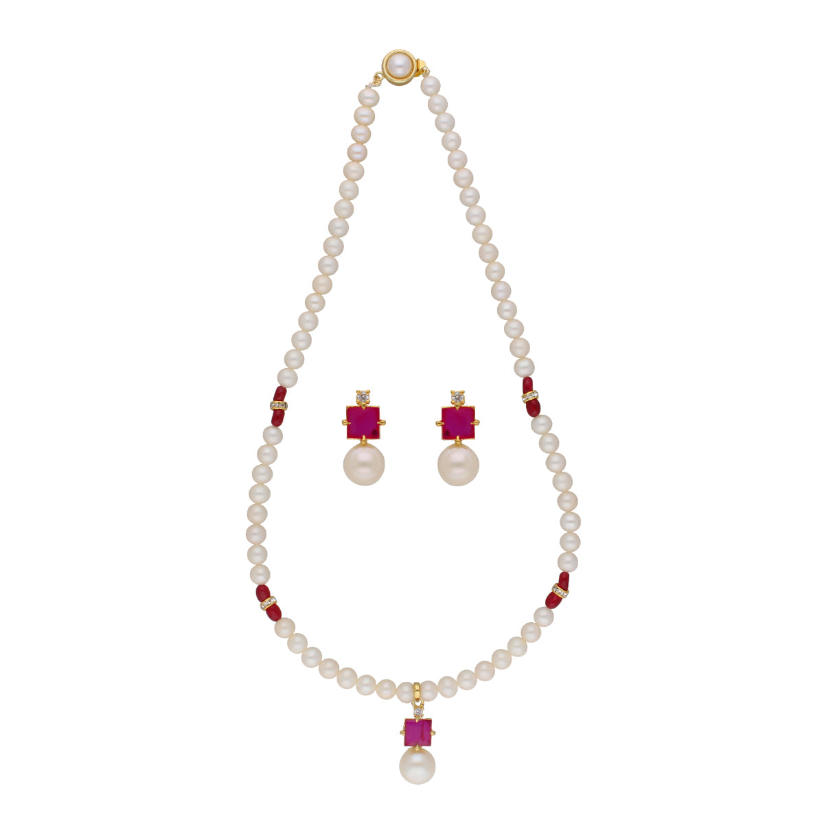 J Pearls Classic Red Pearl Pendant Set - Real Pearl Jewelry