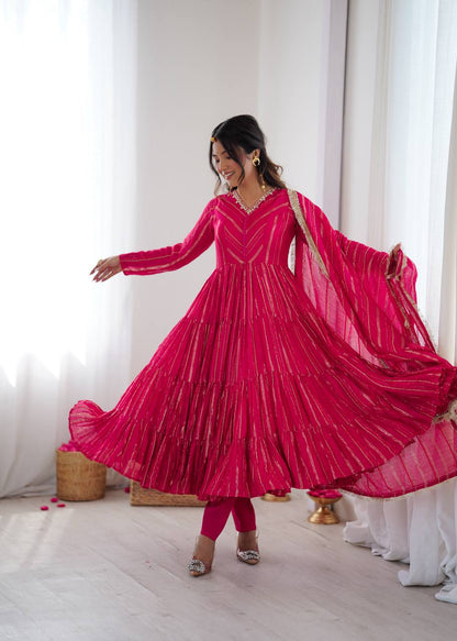 Evanik Ranipink Mal Chanderi Real Mirror With Handwork Wedding Anarkali Suit
