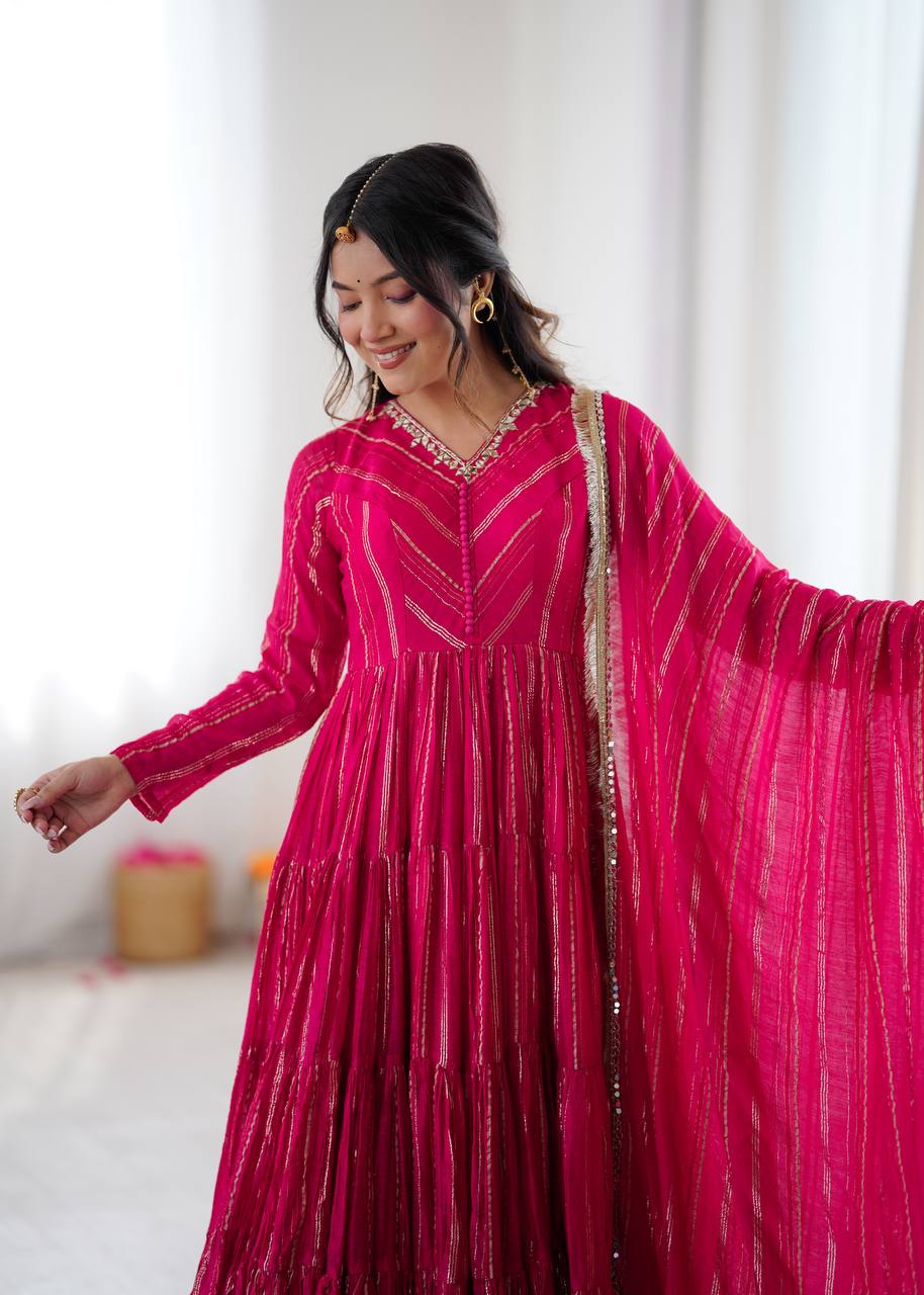 Evanik Ranipink Mal Chanderi Real Mirror With Handwork Wedding Anarkali Suit