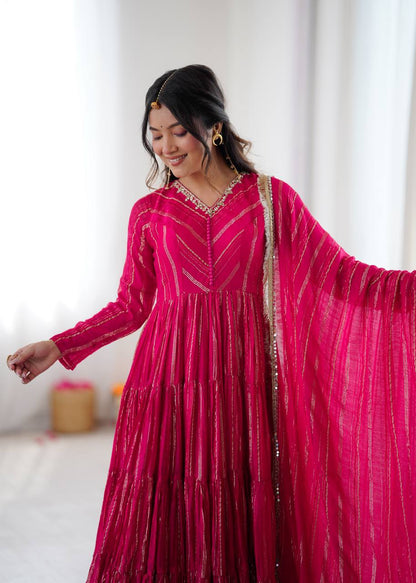 Evanik Ranipink Mal Chanderi Real Mirror With Handwork Wedding Anarkali Suit