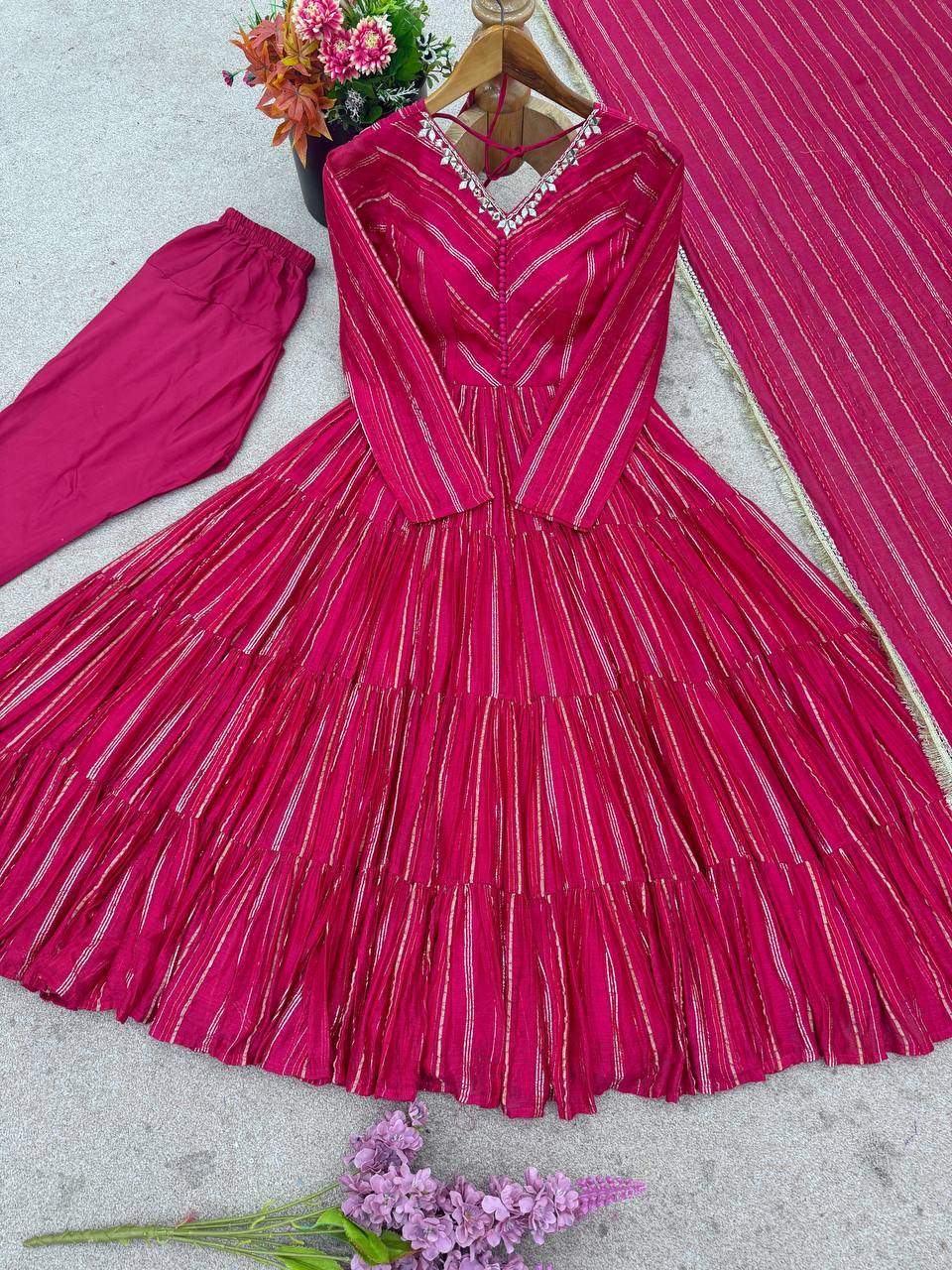 Evanik Ranipink Mal Chanderi Real Mirror With Handwork Wedding Anarkali Suit