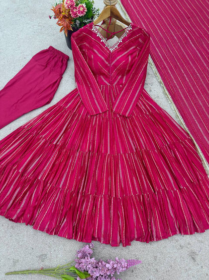 Evanik Ranipink Mal Chanderi Real Mirror With Handwork Wedding Anarkali Suit
