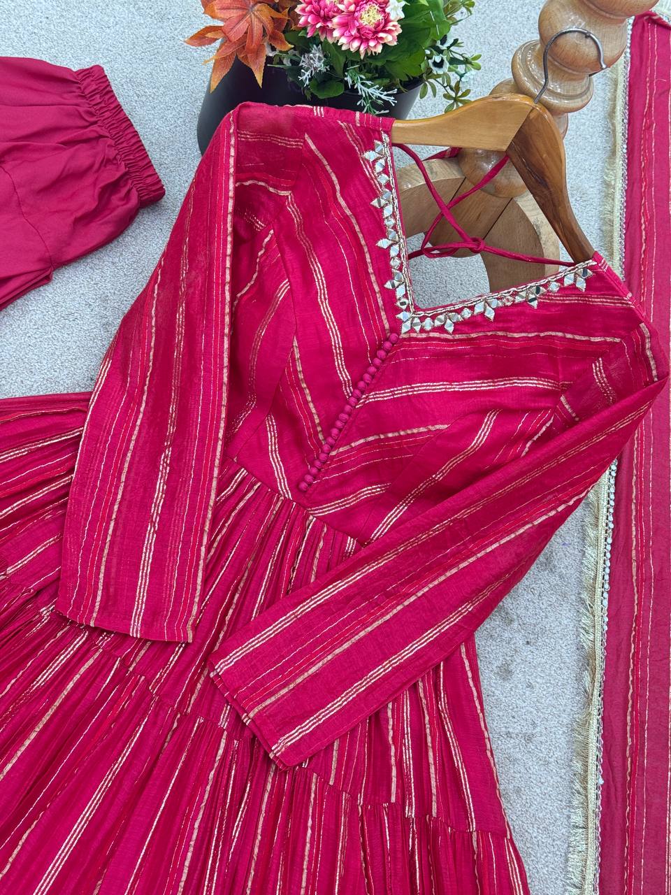 Evanik Ranipink Mal Chanderi Real Mirror With Handwork Wedding Anarkali Suit