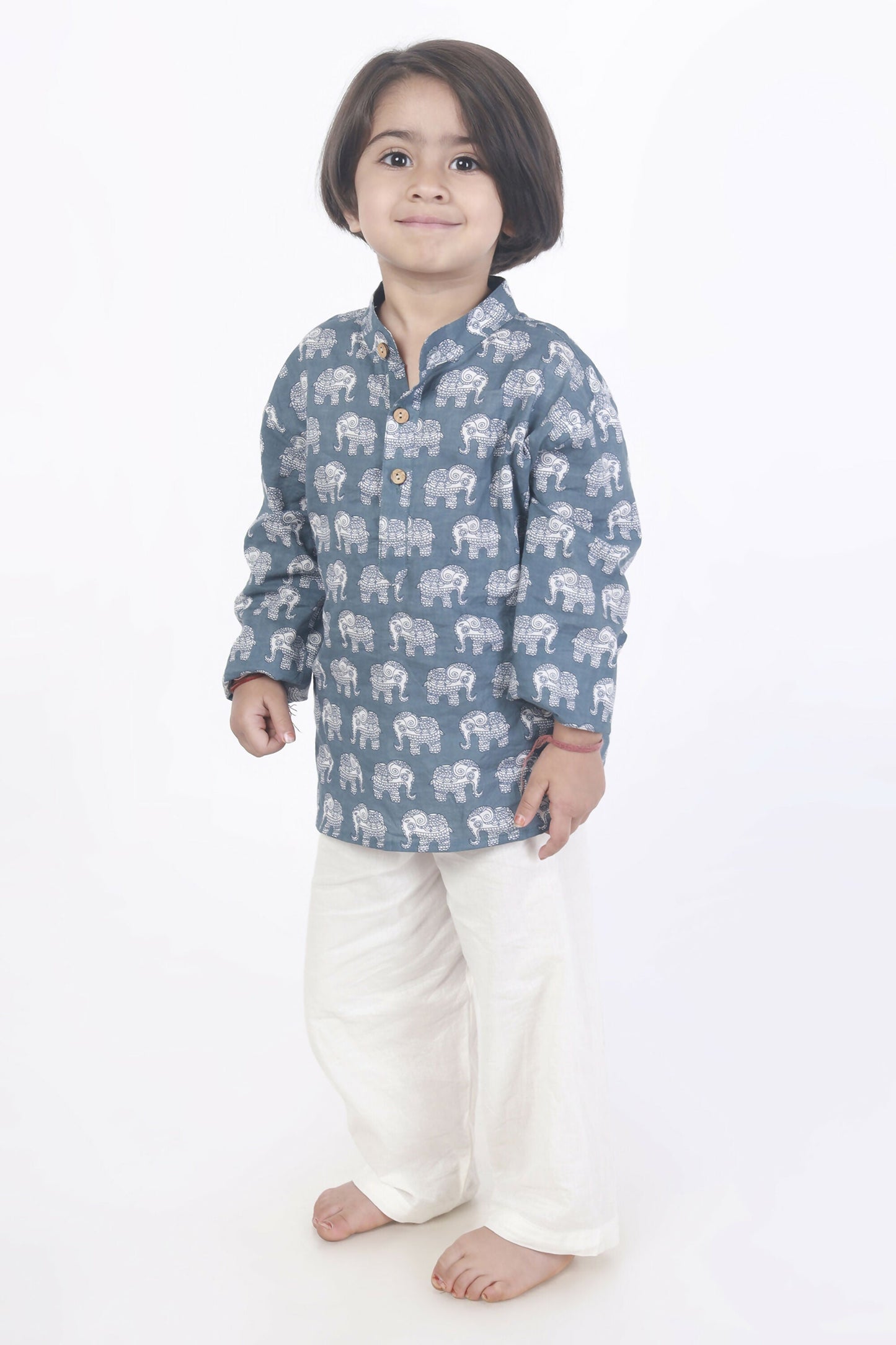 Breathables Kids Boys & Girls Cotton Night Suit – Grey Elephant Print Kurta & Pyjama Co-Ord Set