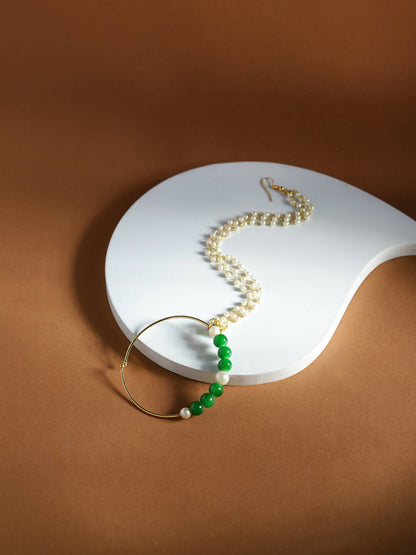Gold-Polished White Green Stone-Studded Pearl Beaded Nosepin - Ruby Raang