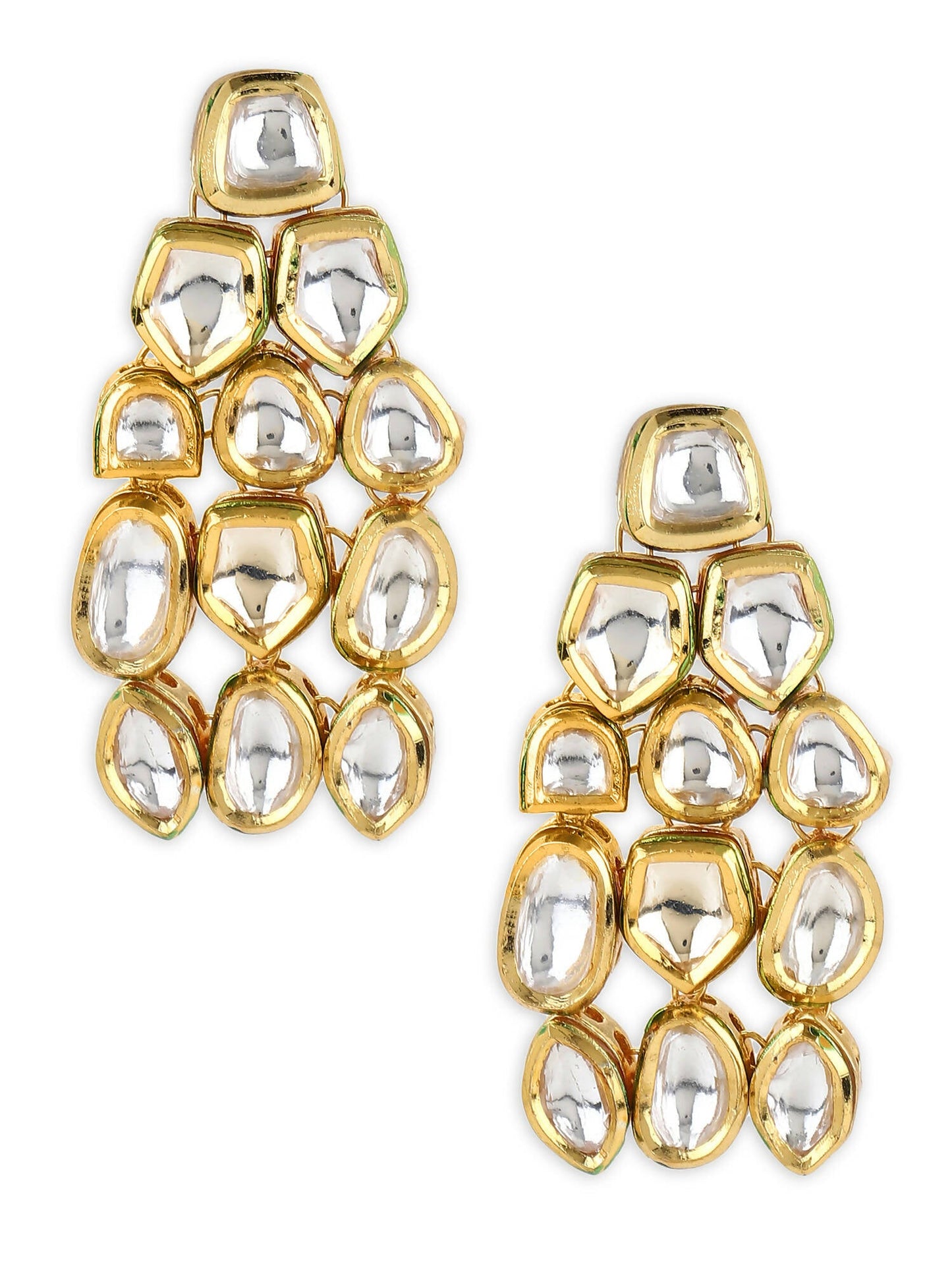 Gold-Toned White Kundan Contemporary Gold-Polished Drop Earrings - Ruby Raang