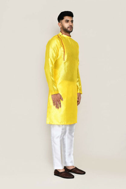 Joban Fashion Yellow Colored Jacquard Silk Fabric Kurta With Straight Fit Pant