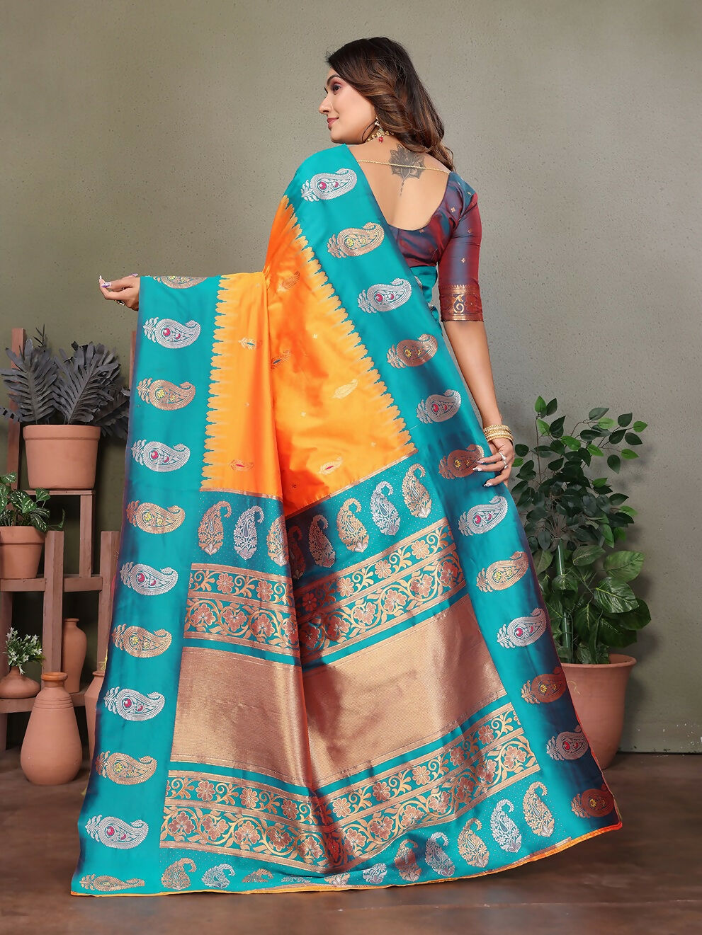 Joban Fashion Banarasi Orange Butti Soft Silk Saree