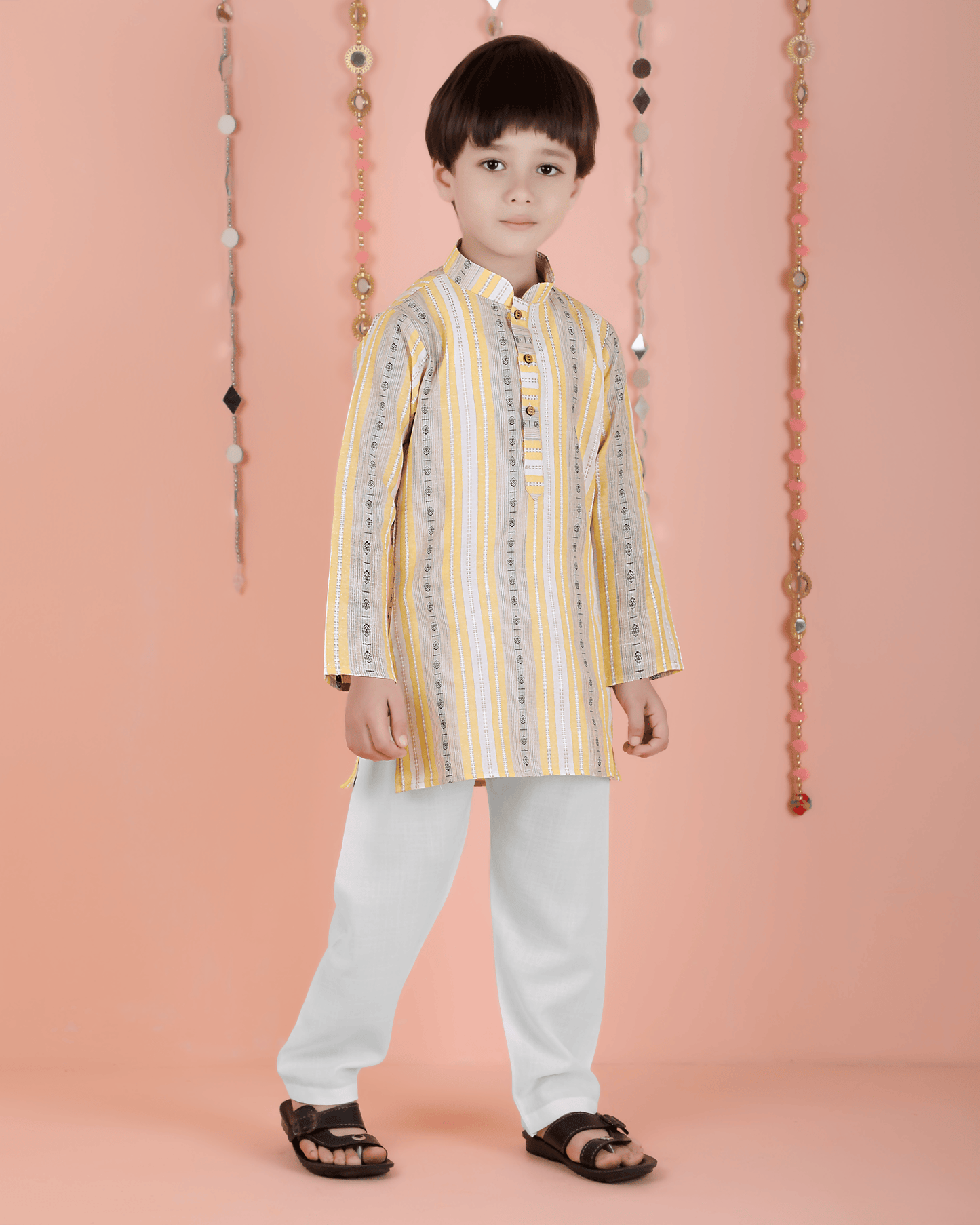 Joban Fashion Kids Island Cotton Full Sleeves Striped Kurta and Pyjama- Yellow