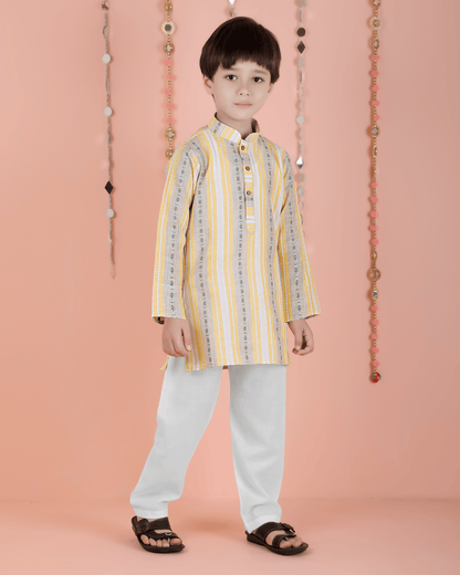 Joban Fashion Kids Island Cotton Full Sleeves Striped Kurta and Pyjama- Yellow