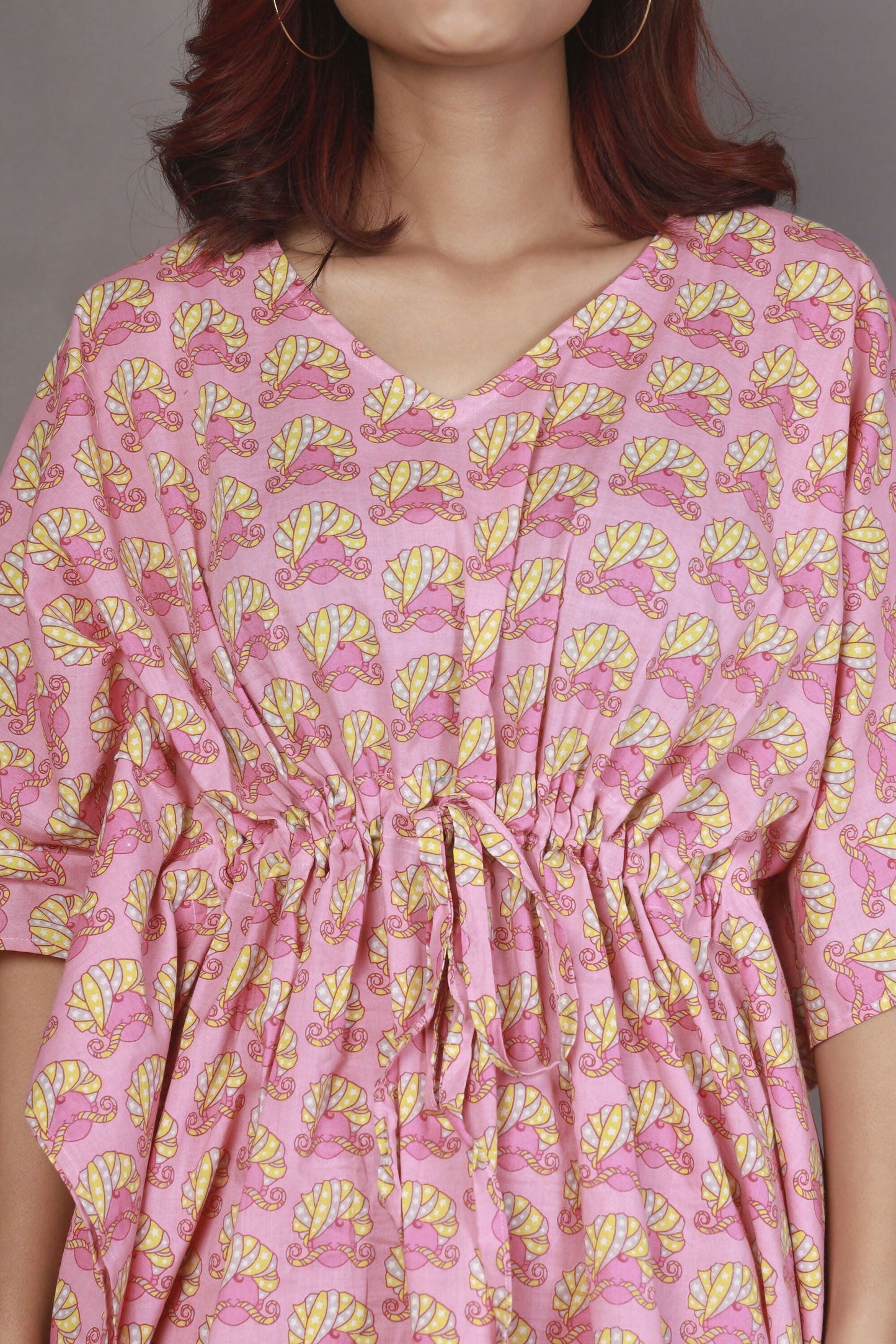 Breathables Women’S Loungewear Kaftan Co-Ord Set Cotton V-Neck In Quirky Pink Print