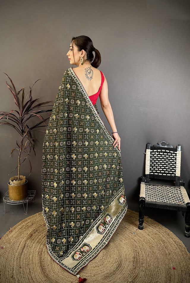 Elora Dark Green Vichitra Silk Animal Motifs Foil Print Sequence Embroidery Work Bandhani Saree