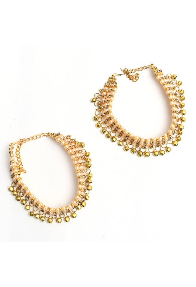 Mominos Fashion Kamal Johar Gold-Polished Pearls Anklets With Muvvas