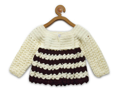 ChutPut Hand knitted Front Open Sweater For Baby Girls with Cap- Cream