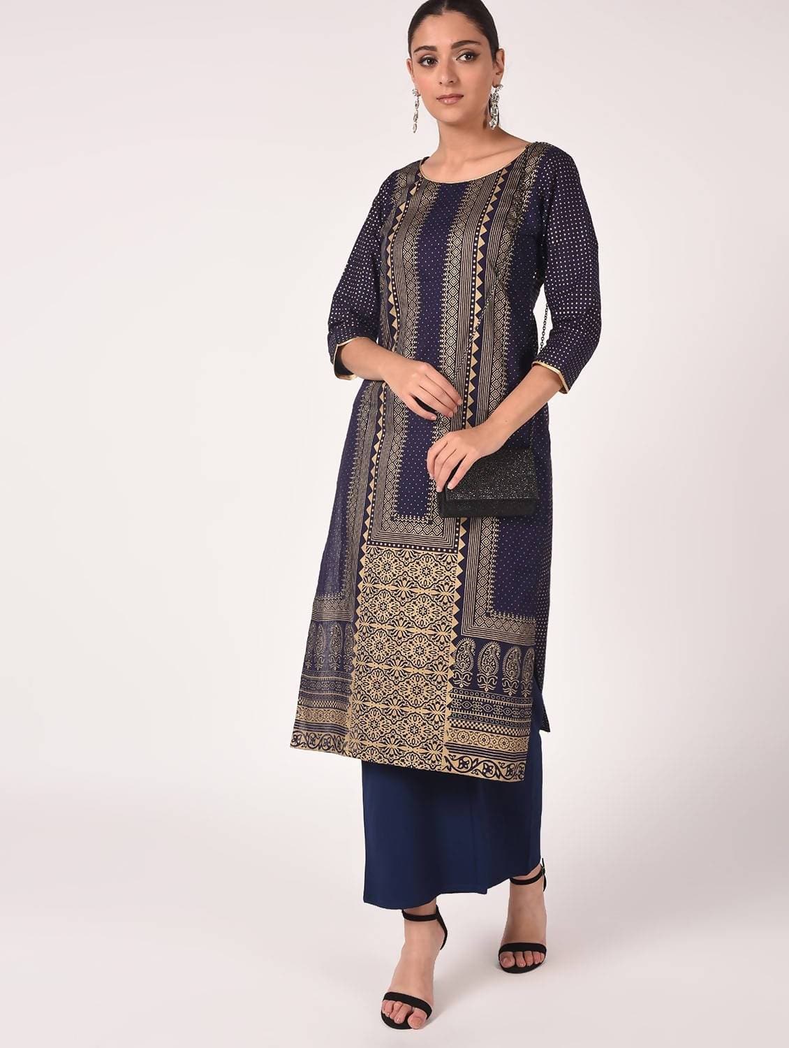 Cheera Hand Block Print Navy Color Straight Kurta