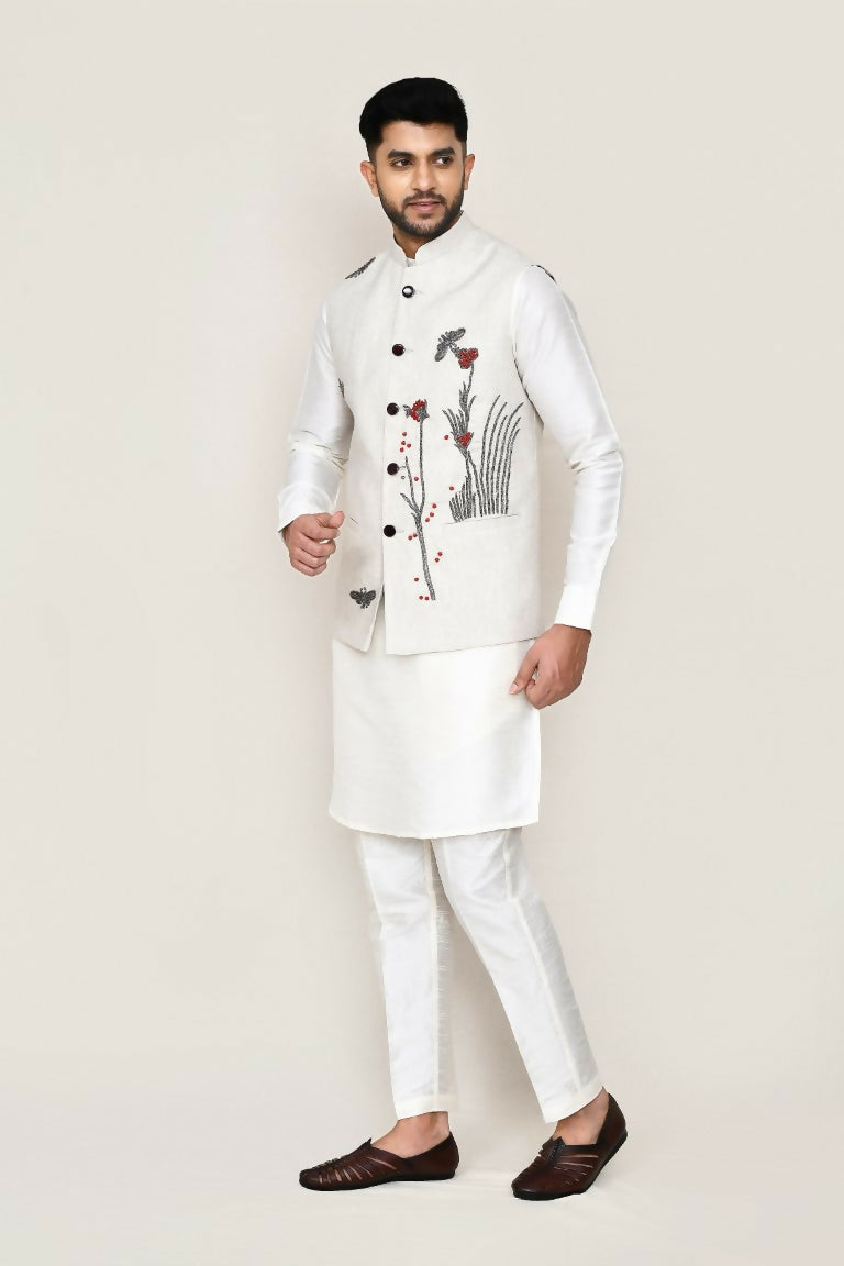Joban Fashion White Colored Art Silk Fabric Kurta, Jacket With Straight Fit Pant