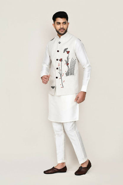 Joban Fashion White Colored Art Silk Fabric Kurta, Jacket With Straight Fit Pant