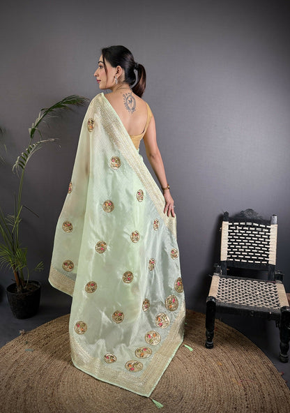 Joban Fashion Light Green Handloom Banarasi Organza Silk Khatali Butta Work Saree