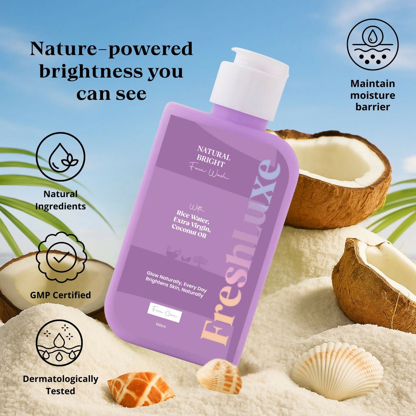 FreshLuxe Natural Bright Face Wash For Cleansing & Brightening Glass Skin with Rice Water & Extra Virgin Coconut Oil