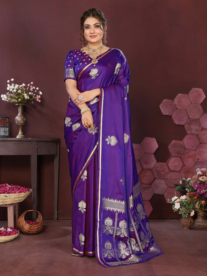 Joban Fashion Purple Floral Motifs Banarasi Silk Sarees