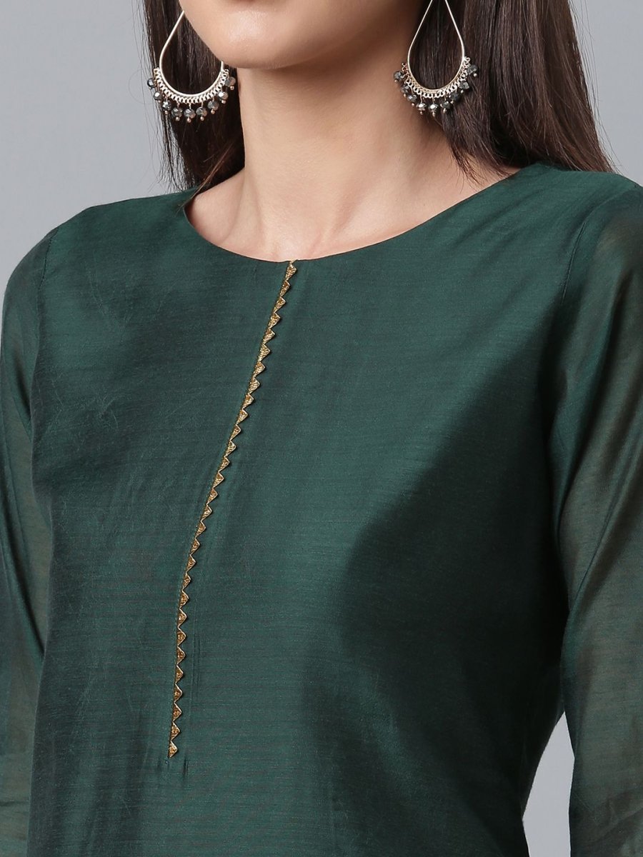 Ahalyaa Dark Green Chanderi Solid Kurta With Palazzo And Dupatta Set