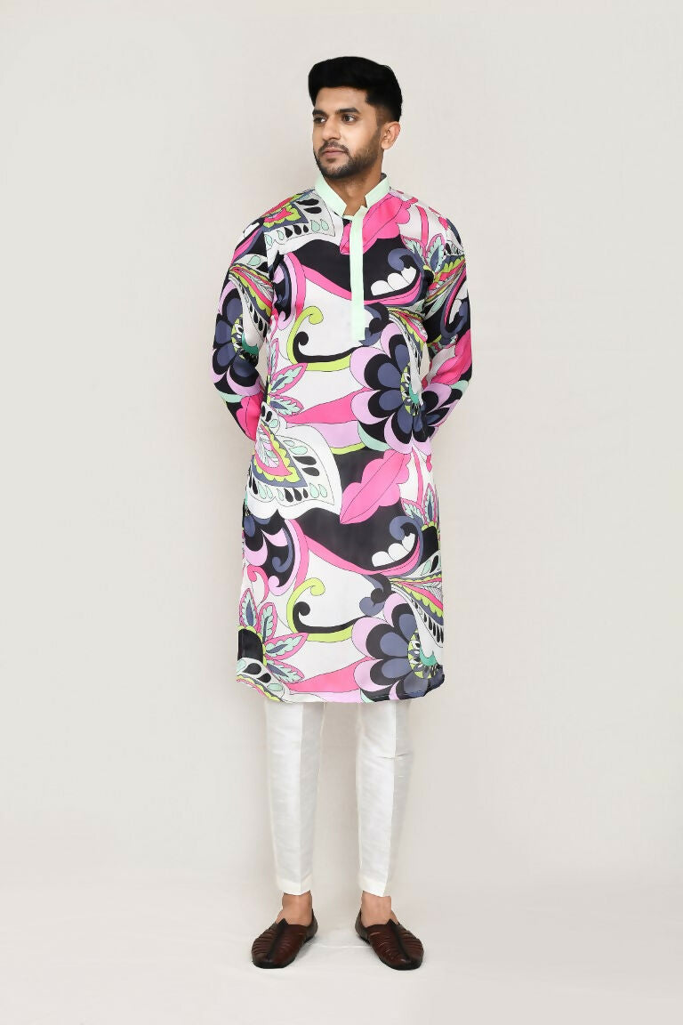 Joban Fashion Printed Colored Satin Silk Fabric Kurta With Straight Fit Pant