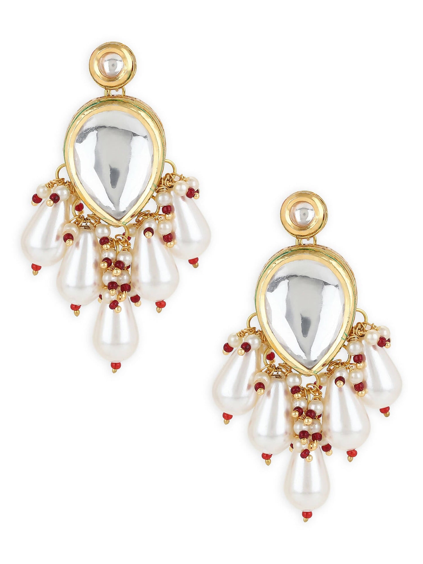 Gold-Toned White Kundan Contemporary Gold-Polished Drop Earrings - Ruby Raang