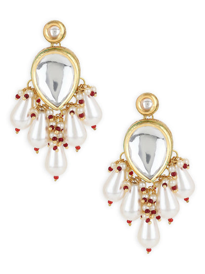 Gold-Toned White Kundan Contemporary Gold-Polished Drop Earrings - Ruby Raang