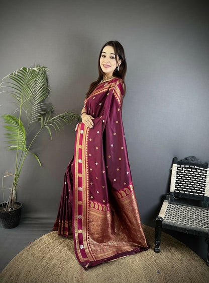 Joban Fashion Maroon Banarasi Soft Silk Woven Saree