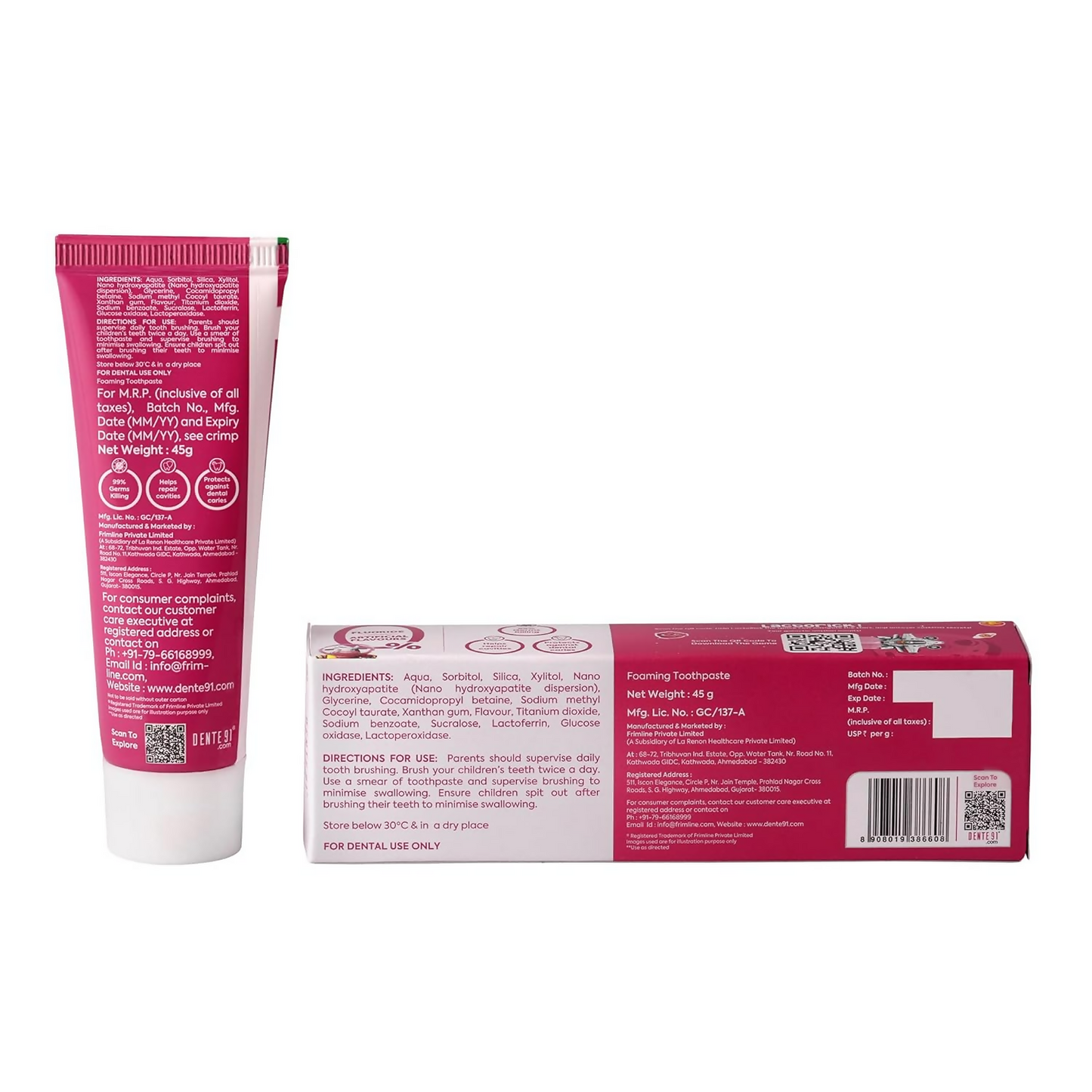 Dente91 Kids Toothpaste Protects Against Dental Caries & Hypersensitivity Fluoride Free Strawberry Flavour