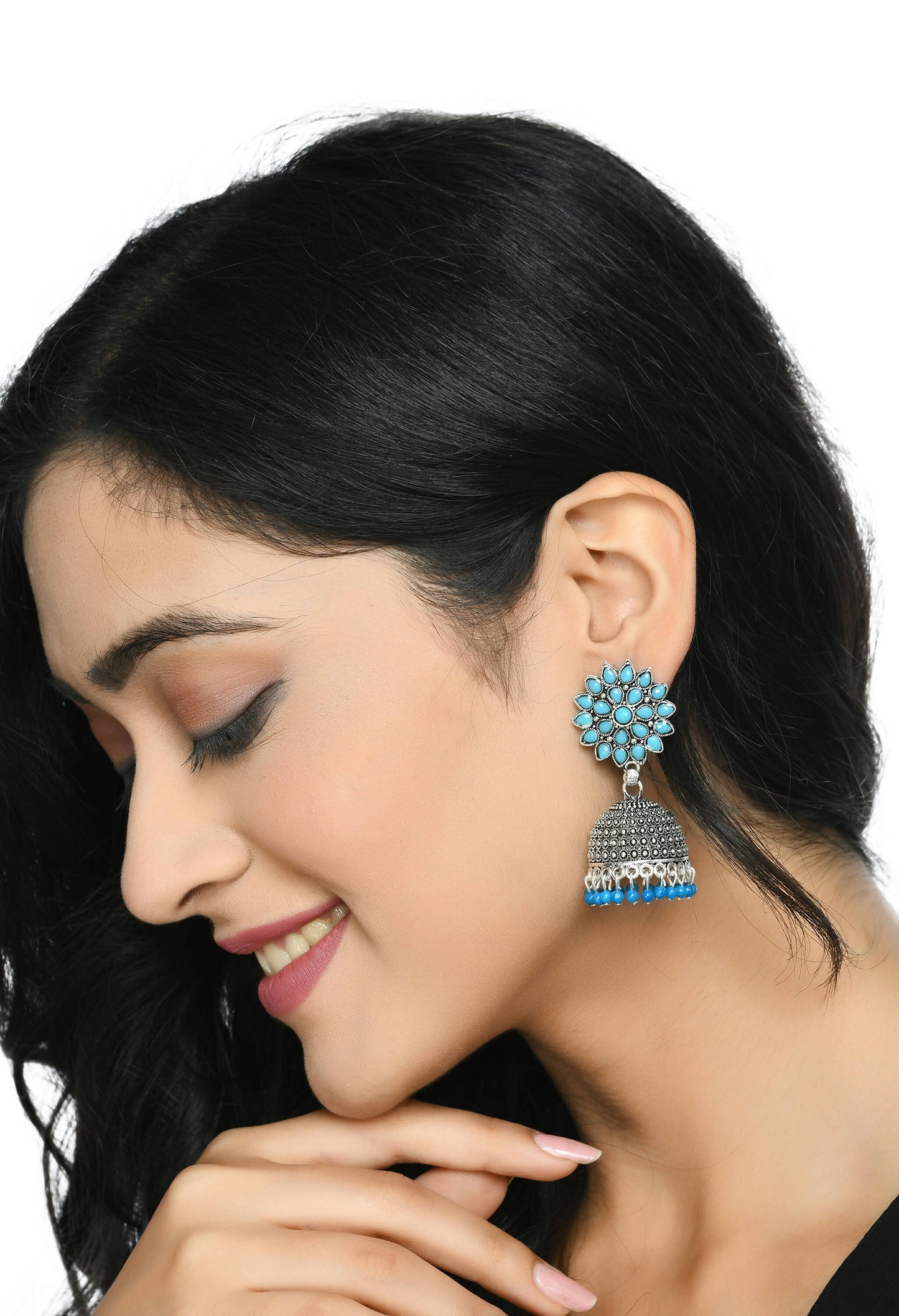 Mominos Fashion Joharkamal Kundan work Jhumka with Sky Blue Beads