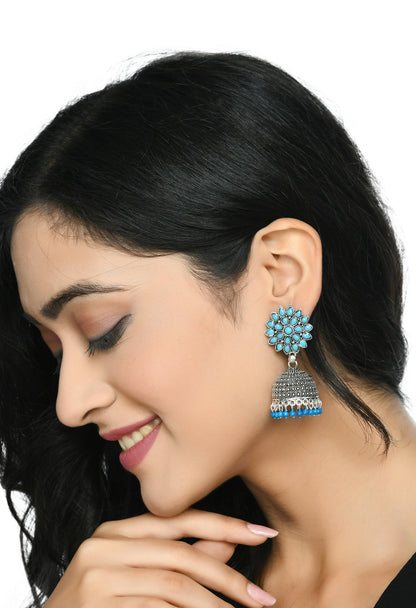 Mominos Fashion Joharkamal Kundan work Jhumka with Sky Blue Beads