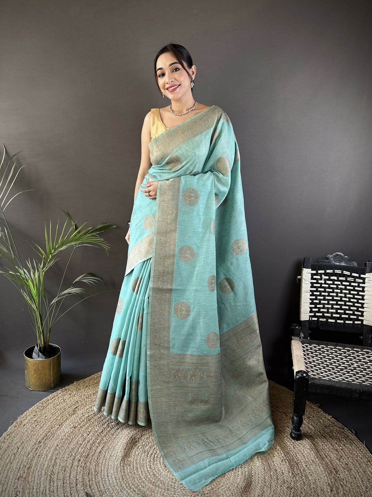 Joban Fashion Sky Blue Floral & Paisley Linen Silk Banarasi Saree