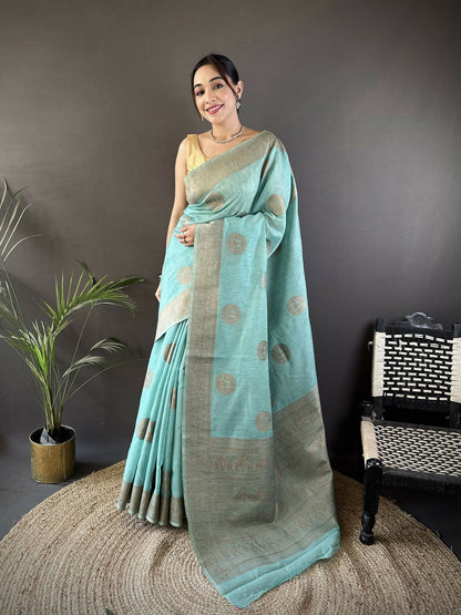 Joban Fashion Sky Blue Floral & Paisley Linen Silk Banarasi Saree
