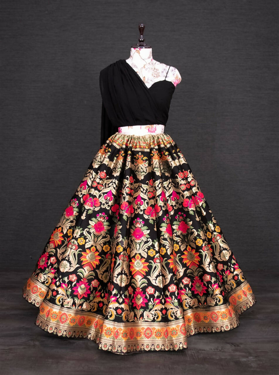 Black Banarasi Silk Lehenga Choli for Women, Ready to Wear Stitched Lengha Choli for Party by Infinity Export