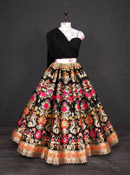 Black Banarasi Silk Lehenga Choli for Women, Ready to Wear Stitched Lengha Choli for Party by Infinity Export