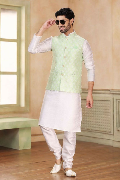 Raivat Ethnic Jacquard Banarasi Silk Woven Work 3 Pics Jacket Set In Pista Green Colour