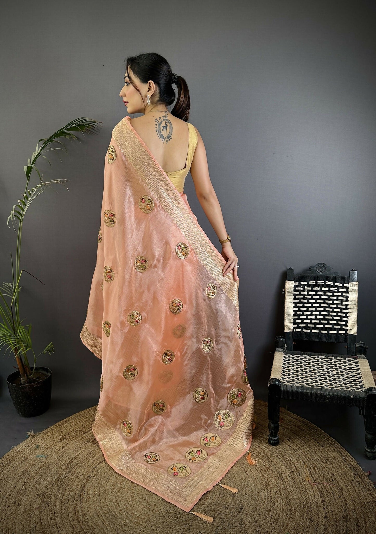 Joban Fashion Peach Handloom Banarasi Organza Silk Khatali Butta Work Saree