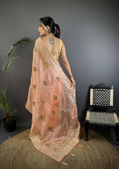 Joban Fashion Peach Handloom Banarasi Organza Silk Khatali Butta Work Saree