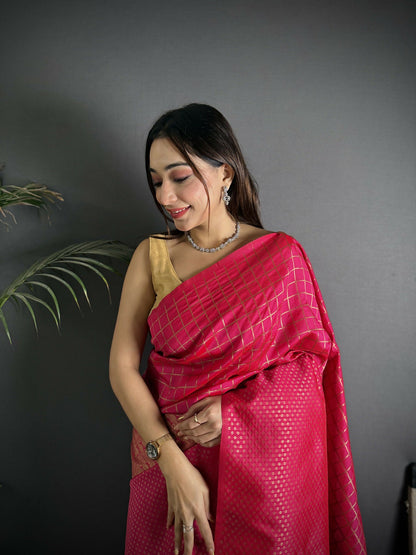 Joban Fashion Hot Pink Banarasi Soft Lichi Silk Checks & Woven Saree