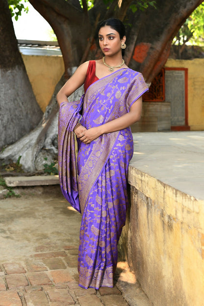 Joban Fashion Dark Lilac Crepe Chiffon Pure Handloom Banarasi Silk Saree