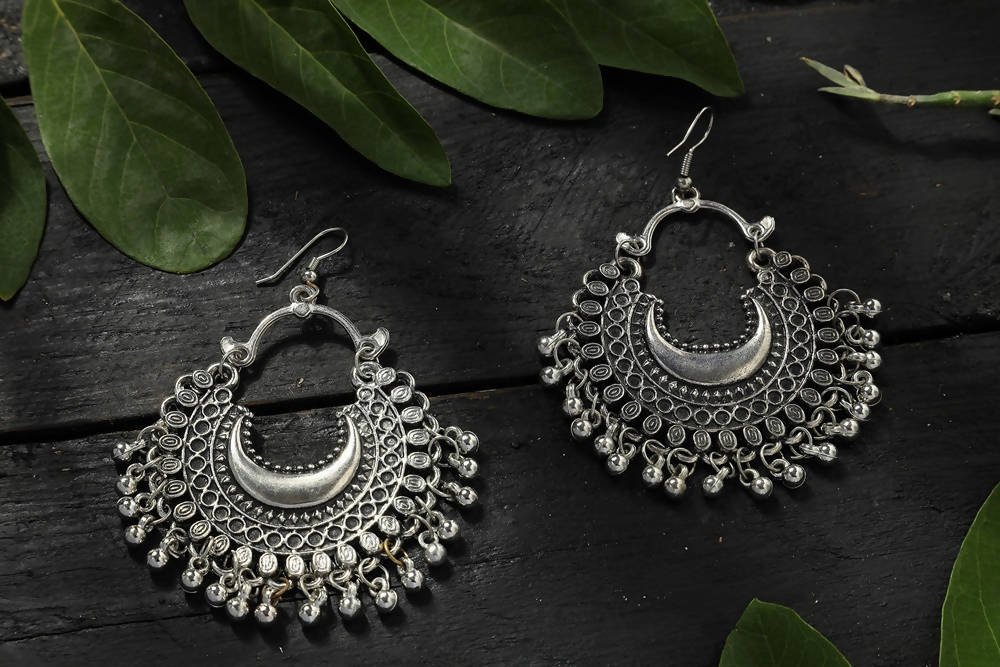 Mominos Fashion Johar Kamal Oxidised Silver-Plated Chandbali Earrings