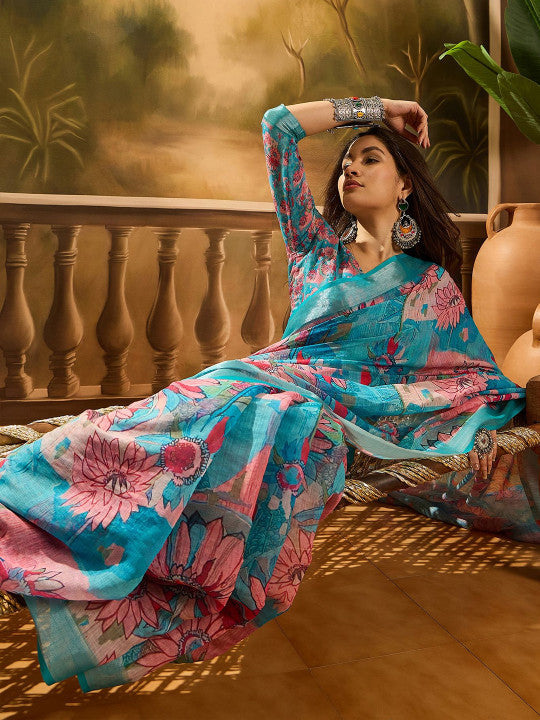 Sangria Floral Printed Zari Banarasi Saree